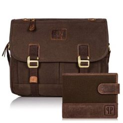 Zestaw brązowy PAOLO PERUZZI torba i portfel GA469. Brązowe portfele męskie Paolo Peruzzi, bez wzorów, z bawełny, na ramię. Za 209.99 zł.