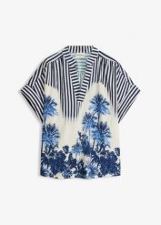 Bluzka w stylu tuniki z lejącej mieszanki wiskozy. Niebieskie tuniki damskie bonprix, na lato, bez wzorów, z wiskozy, bez kołnierzyka, bez ramiączek. Za 54.99 zł.