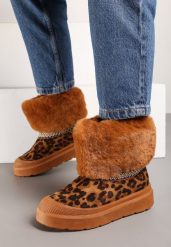 Brązowe Płaskie Śniegowce Ozdobione Wzorem w Panterkę Haftem i Futerkiem Linnealis. Brązowe śniegowce damskie Born2be, z futra. Za 59.99 zł.