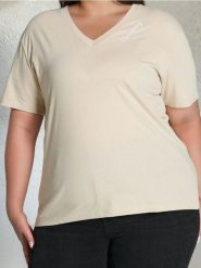Koszulka z dekoltem w serek - beżowy. Brązowe t-shirty damskie Sinsay, l, bez wzorów, bez kołnierzyka. Za 29.99 zł.