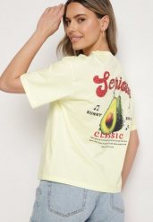Żółty T-shirt z Bawełną i Motywem Awokado Addixa. Żółte t-shirty damskie Born2be, m, bez wzorów, z bawełny, bez kołnierzyka. Za 79.99 zł.