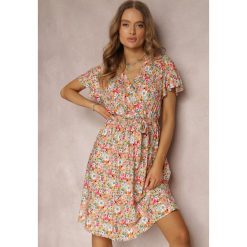 Pomarańczowo-Jasnozielona Sukienka z Wiskozy Savvogeus. Brązowe sukienki damskie Renee, l, bez wzorów, z materiału, eleganckie, bez kołnierzyka, bez ramiączek, midi, kopertowe. W wyprzedaży za 59.49 zł.