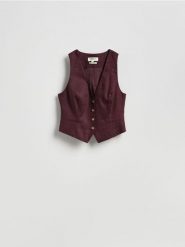 Lniana kamizelka - mahoniowy. Brązowe kamizelki damskie Reserved, l, z tkaniny. Za 179.99 zł.