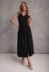 Czarna Rozkloszowana Sukienka z Bawełną i Wiskozą Ozdobiona Paskiem Amalis. Czarne sukienki damskie Renee, do pracy, l, bez wzorów, z bawełny, biznesowe, bez kołnierzyka, bez ramiączek, maxi, rozkloszowane. Za 159.99 zł.