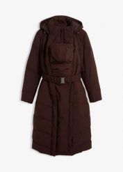Ciepły, pikowany płaszcz ciążowy 2w1 z wstawką na nosidełko. Brązowe płaszcze damskie bonprix, bez wzorów, moda ciążowa. Za 499.99 zł.
