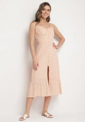 Pomarańczowa Sukienka Rozkloszowana na Ramiączkach z Guzikami z Wiskozą Efrinelle. Brązowe sukienki damskie Born2be, na co dzień, l, bez wzorów, z wiskozy, eleganckie, bez kołnierzyka, bez ramiączek, midi, rozkloszowane. Za 119.99 zł.