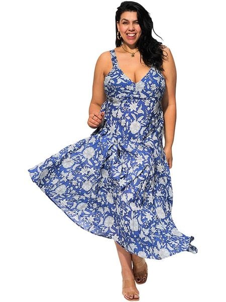 Aller Simplement Sukienka w kolorze niebiesko-białym rozmiar: 50/52. Niebieskie sukienki damskie Aller Simplement, bez wzorów, z bawełny, bez kołnierzyka, bez ramiączek, maxi. Za 177.32 zł.