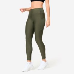 Legginsy fitness damskie Domyos. Brązowe legginsy sportowe damskie DOMYOS, l, bez wzorów, z elastanu, z podwyższonym stanem, na fitness i siłownię. W wyprzedaży za 49.99 zł.