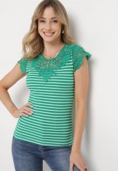 Zielony Bawełniany T-shirt z Prążkowanego Materiału z Koronkowym Dekoltem i Rękawkami Hyacintia. Zielone t-shirty damskie Born2be, m, bez wzorów, z bawełny, bez kołnierzyka. Za 39.99 zł.