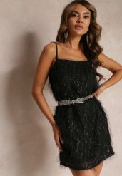 Czarna Koktajlowa Sukienka Mini z Cienkimi Piórkami Clotile. Czarne sukienki damskie Renee, m, bez wzorów, bez kołnierzyka, bez ramiączek, mini. W wyprzedaży za 76.99 zł.