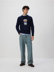Sweter z wyszywanym wzorem - granatowy. Niebieskie swetry męskie Reserved, l, bez wzorów, z bawełny, bez kołnierzyka. Za 139.99 zł.