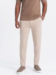 Spodnie męskie CARROT ze strukturalnej dwukolorowej dzianiny - beżowe V2 OM-PACP-0168 - XXL. Brązowe spodnie materiałowe męskie Ombre Clothing, bez wzorów, z bawełny, casualowe. Za 179.99 zł.