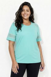 Damskie Bluzka funkcyjna wstawki z siateczki okrągły dekolt rękaw 1/2. Zielone bluzki sportowe damskie Ulla Popken, plus size, z dżerseju, bez kołnierzyka, bez ramiączek. Za 199.99 zł.