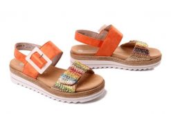 Rieker Remonte D0Q62-38 Pomarańczowy, sandały damskie. Brązowe sandały damskie Rieker Remonte, bez wzorów, bez obcasa, na koturnie. Za 369.90 zł.