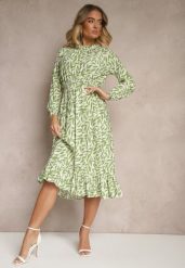Zielona Rozkloszowana Sukienka z Gumką w Talii Zdobiona Falbankami Ridirina. Zielone sukienki damskie Renee, na co dzień, m, z aplikacjami, eleganckie, bez kołnierzyka, bez ramiączek, midi, rozkloszowane. W wyprzedaży za 76.99 zł.