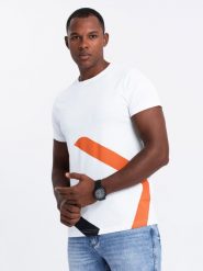 Bawełniany t-shirt męski z kontrastowym dwukolorowym printem – biały V2 OM-TSPT-0219 - XXL. Białe t-shirty męskie Ombre Clothing, l, bez wzorów, z bawełny, bez kołnierzyka. W wyprzedaży za 39.99 zł.