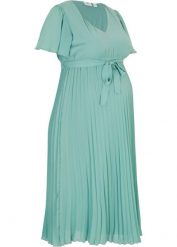 Sukienka ciążowa plisowana. Zielone sukienki damskie bonprix, bez wzorów, eleganckie, bez kołnierzyka, moda ciążowa, bez ramiączek. Za 219.99 zł.
