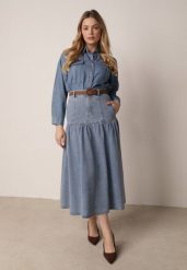 Niebieska Bawełniana Spódnica Jeansowa z Rozkloszowanym Dołem i Plecionym Paskiem Doriame. Niebieskie spódniczki damskie Born2be, l, bez wzorów, z bawełny, biznesowe, midi, dopasowane. Za 189.99 zł.