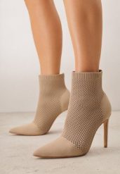 Ciemnobeżowe Botki VICES na Szpilce z Elastyczną Dzianinową Cholewką Dedanna. Brązowe botki damskie Renee, z dzianiny, z otwartym noskiem, bez obcasa, na obcasie, bez zapięcia. Za 159.99 zł.