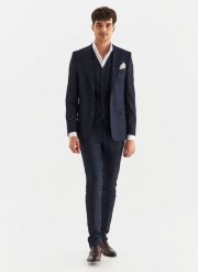 PAKO LORENTE – Granatowe spodnie garniturowe w kratę Windowpane. Niebieskie spodnie wizytowe męskie Pako Lorente, z elastanu. Za 399.99 zł.