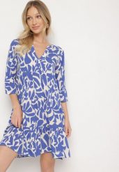 Niebieska Wiskozowa Rozkloszowana Sukienka z Abstrakcyjnym Wzorem Liracalia. Niebieskie sukienki damskie Born2be, na co dzień, l, bez wzorów, z tkaniny, eleganckie, bez kołnierzyka, bez ramiączek, mini, rozkloszowane. W wyprzedaży za 95.99 zł.