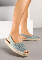Niebieskie Sandały w Stylu Espadryli z Cyrkoniami na Podeszwie z Plecionki Neorwena. Niebieskie sandały damskie Renee, bez wzorów, bez obcasa, na płaskiej podeszwie. Za 74.99 zł.