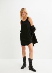 Sukienka shirtowa z bawełny z koronką. Czarne sukienki damskie bonprix, bez wzorów, z bawełny, bez kołnierzyka, bez ramiączek. Za 72.99 zł.
