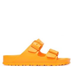 Klapki Birkenstock. Brązowe klapki damskie Birkenstock, bez wzorów, bez obcasa. Za 249.99 zł.