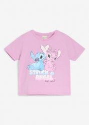 T-shirt z motywem Disney'a Stitch & Angel. Fioletowe koszulki dziewczęce bonprix, bez wzorów, bez ramiączek. Za 59.99 zł.