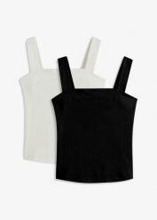 Top w prążek (2 szt.) z bawełny organicznej. Białe topy damskie bonprix, bez wzorów, z bawełny, bez kołnierzyka. Za 67.99 zł.