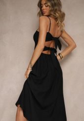 Czarna Sukienka z Wiskozą o Rozkloszowanym Kroju Merelessa. Czarne sukienki damskie Renee, na co dzień, l, bez wzorów, z wiskozy, eleganckie, bez kołnierzyka, bez ramiączek, maxi, proste. Za 89.99 zł.