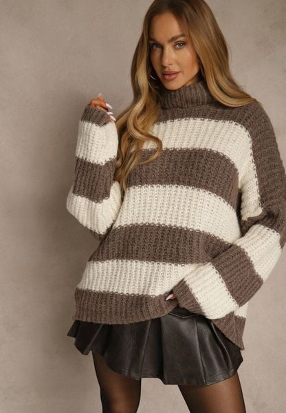 Brązowy Golf z Wiskozą i Wełną Ozdobiony Motywem Pasków Monorra. Brązowe golfy damskie Renee, bez wzorów, z jeansu, bez ramiączek. Za 169.99 zł.