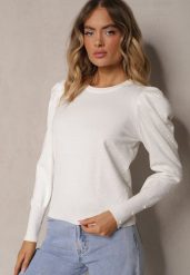 Biały Sweter z Dodatkiem Wiskozy i Cyrkoniami Zakończony Ściągaczem Glorivia. Białe swetry klasyczne damskie Renee, z jeansu, bez kołnierzyka. Za 89.99 zł.