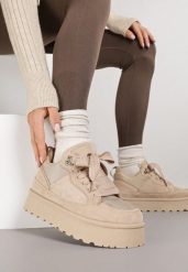 Ciemnobeżowe Sznurowane Sneakersy Śniegowce na Grubej Podeszwie Vamitte. Brązowe śniegowce damskie Born2be, z jeansu. Za 109.99 zł.
