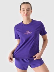 4F T-shirt regular z nadrukiem damski - fioletowy S. Fioletowe t-shirty damskie 4f, s, bez wzorów, z bawełny, bez kołnierzyka. W wyprzedaży za 29.99 zł.