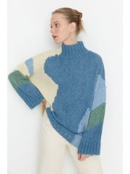 Trendyol Sweter w kolorze niebiesko-beżowym rozmiar: L. Brązowe golfy damskie Trendyol, l, ze splotem, bez kołnierzyka. Za 105.38 zł.