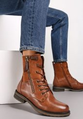 Brązowe Botki Sznurowane z Zamkiem Hiyab. Brązowe botki damskie Renee, z jeansu, eleganckie, bez obcasa, na obcasie, bez zapięcia. Za 139.99 zł.