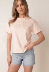 Różowy Bawełniany T-shirt Ozdobiony Cyrkoniami Monomene. Czerwone t-shirty damskie Born2be, m, z aplikacjami, z bawełny, bez kołnierzyka. Za 59.99 zł.