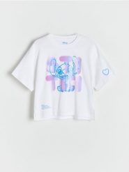 T-shirt Lilo i Stitch - złamana biel. Koszulki dziewczęce Reserved, bez wzorów, z bawełny, bez ramiączek. W wyprzedaży za 35.99 zł.