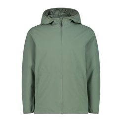 Kurtka przeciwdeszczowa z stałym kapturem CMP. Zielone kurtki męskie CMP, bez wzorów, z softshellu, sportowe. W wyprzedaży za 313.55 zł.