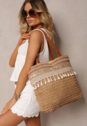Brązowa Jednokomorowa Duża Torebka w Stylu Boho Ozdobiona Frędzlami Rivanete. Brązowe torebki klasyczne damskie Renee, bez wzorów, duże, bez dodatków. Za 49.99 zł.