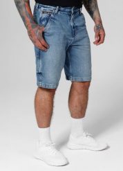 Szorty męskie Pitbull Jeansowe Blue Denim Carpenter. Niebieskie szorty męskie PITBULL, z aplikacjami, z bawełny, klasyczne. Za 229.00 zł.