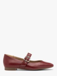 Bordowe baleriny ze srebrną klamrą AUDREY. Czerwone baleriny damskie Ryłko, bez wzorów, ze skóry, bez obcasa, na płaskiej podeszwie. Za 349.99 zł.