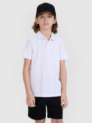 4F Koszulka polo dziecięca - biała 140 (9-10 lat). Białe koszulki dziewczęce 4f, bez wzorów, z bawełny, bez ramiączek. Za 49.99 zł.