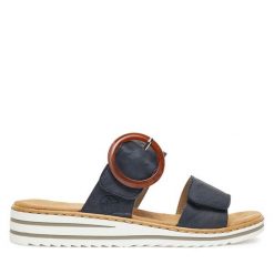 Klapki Rieker. Niebieskie klapki damskie Rieker, bez wzorów, bez obcasa. Za 219.99 zł.