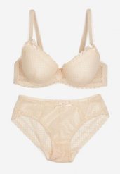 Beżowy Komplet z Koronki Regulowany Biustonosz Full Cup oraz Majtki Figi Irialynne. Brązowe figi damskie Renee, s, z aplikacjami, z koronki. Za 29.99 zł.