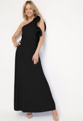 Czarna Asymetryczna Sukienka o Rozkloszowanym Fasonie z Ozdobnymi Falbankami przy Ramionach Virama. Czarne sukienki damskie Born2be, na imprezę, m, bez wzorów, eleganckie, z asymetrycznym kołnierzem, bez ramiączek, maxi, asymetryczne. W wyprzedaży za 135.99 zł.