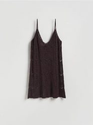 Ażurowa sukienka plażowa - ciemnobrązowy. Brązowe sukienki damskie Reserved, na co dzień, l, w ażurowe wzory, z dzianiny, bez kołnierzyka, bez ramiączek, proste. Za 89.99 zł.