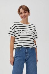 Bluza w paski z napisem biała. Białe bluzy bez kaptura damskie MOODO, l, z bawełny. W wyprzedaży za 49.99 zł.