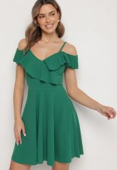 Zielona Sukienka Rozkloszowana na Ramiączkach z Falbankami Polauri. Zielone sukienki damskie Born2be, na co dzień, l, bez wzorów, eleganckie, bez kołnierzyka, bez ramiączek, mini, rozkloszowane. W wyprzedaży za 79.99 zł.